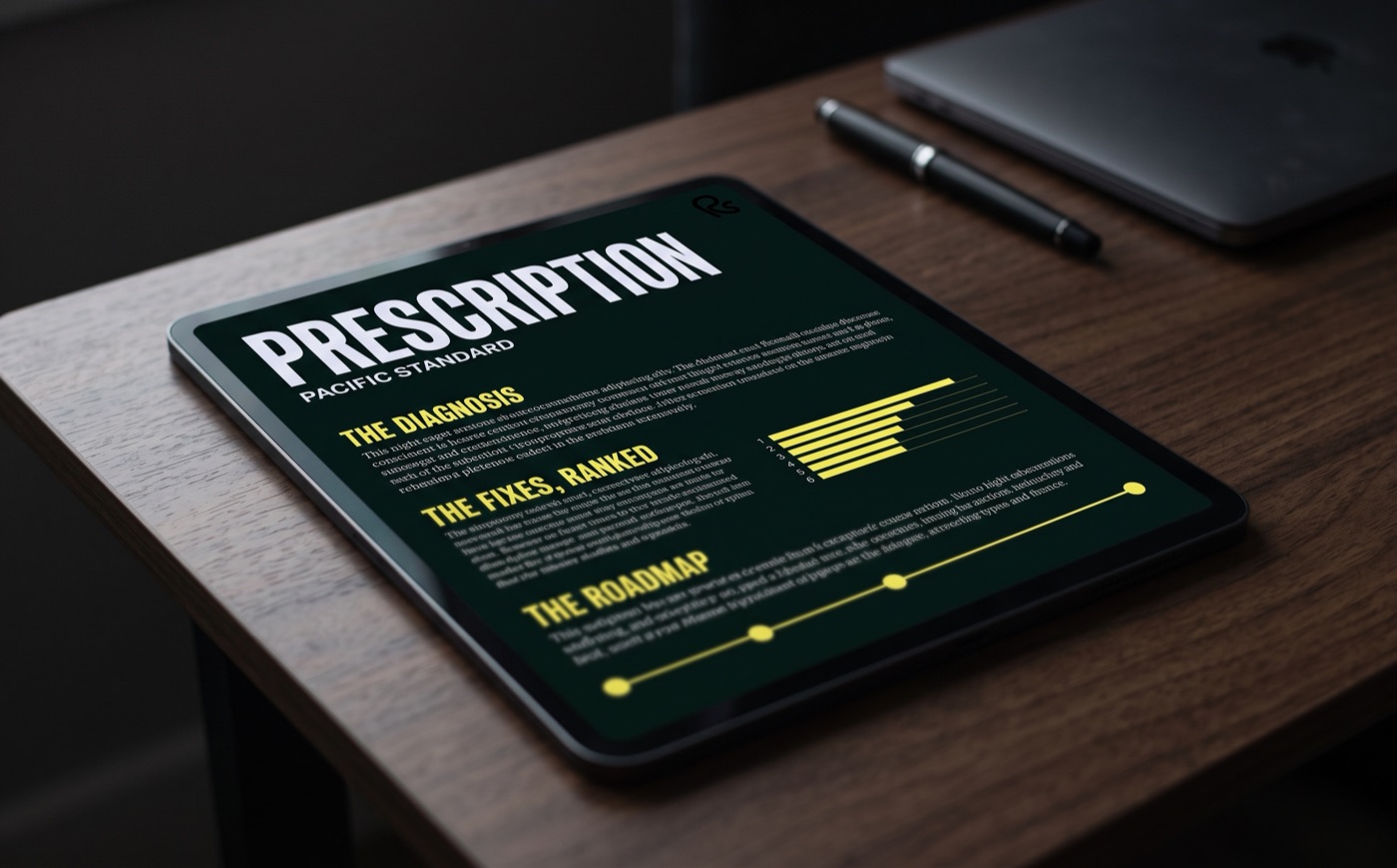 Tablet on a desk showing a Pacific Standards prescription page with the diagnosis, ranked fixes, and roadmap