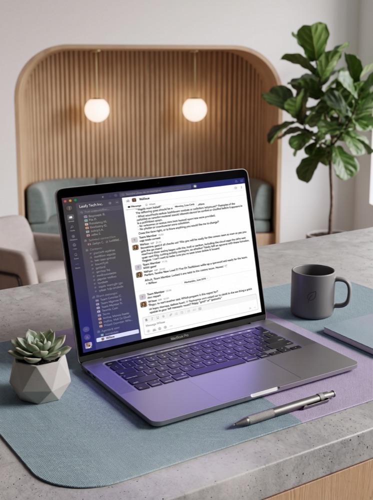 Laptop on an office desk showing a Slack workspace with the Willow reporting bot collecting team updates