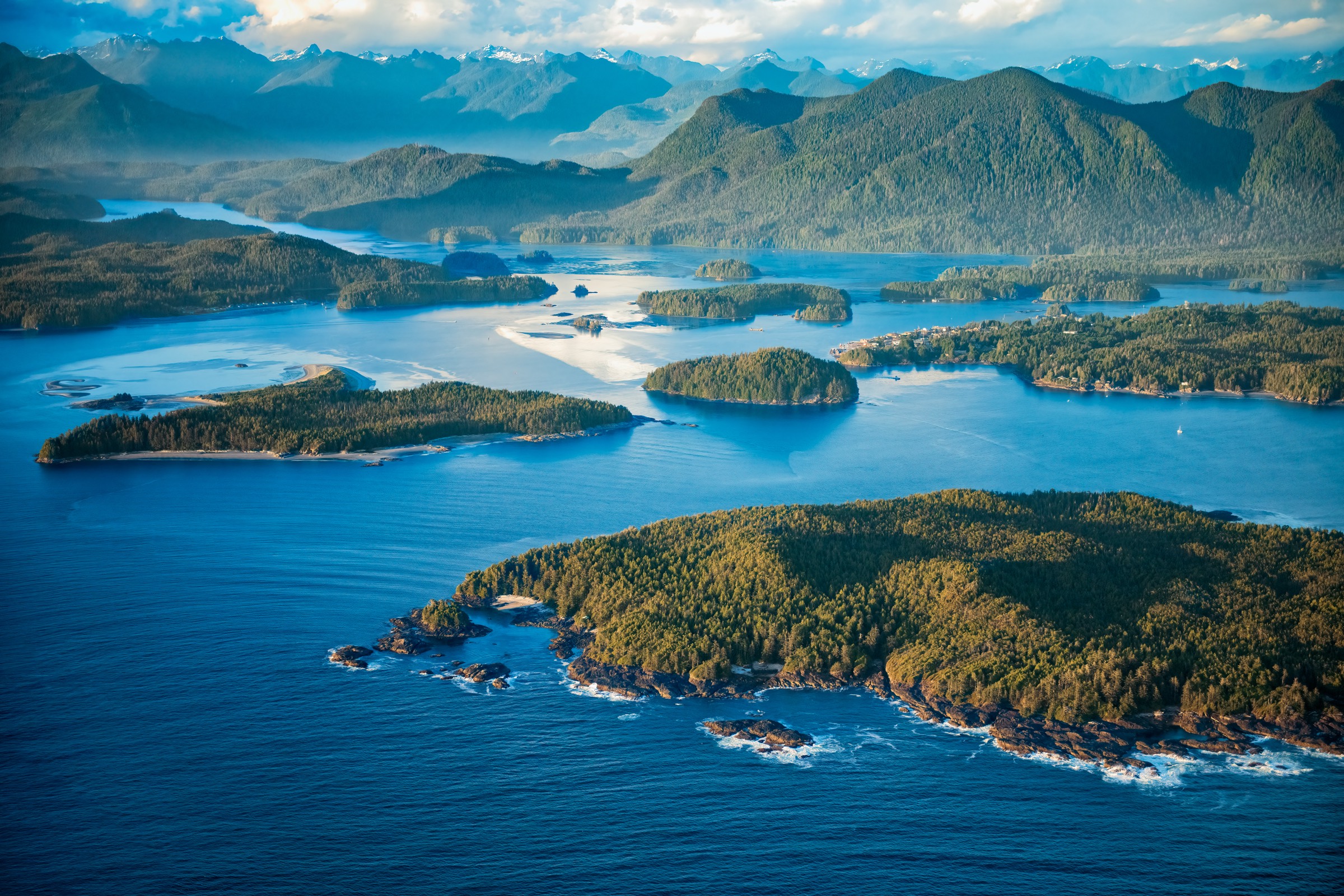 Aerial view of Clayoquot Sound near Tofino, BC, with forested islands and open ocean
